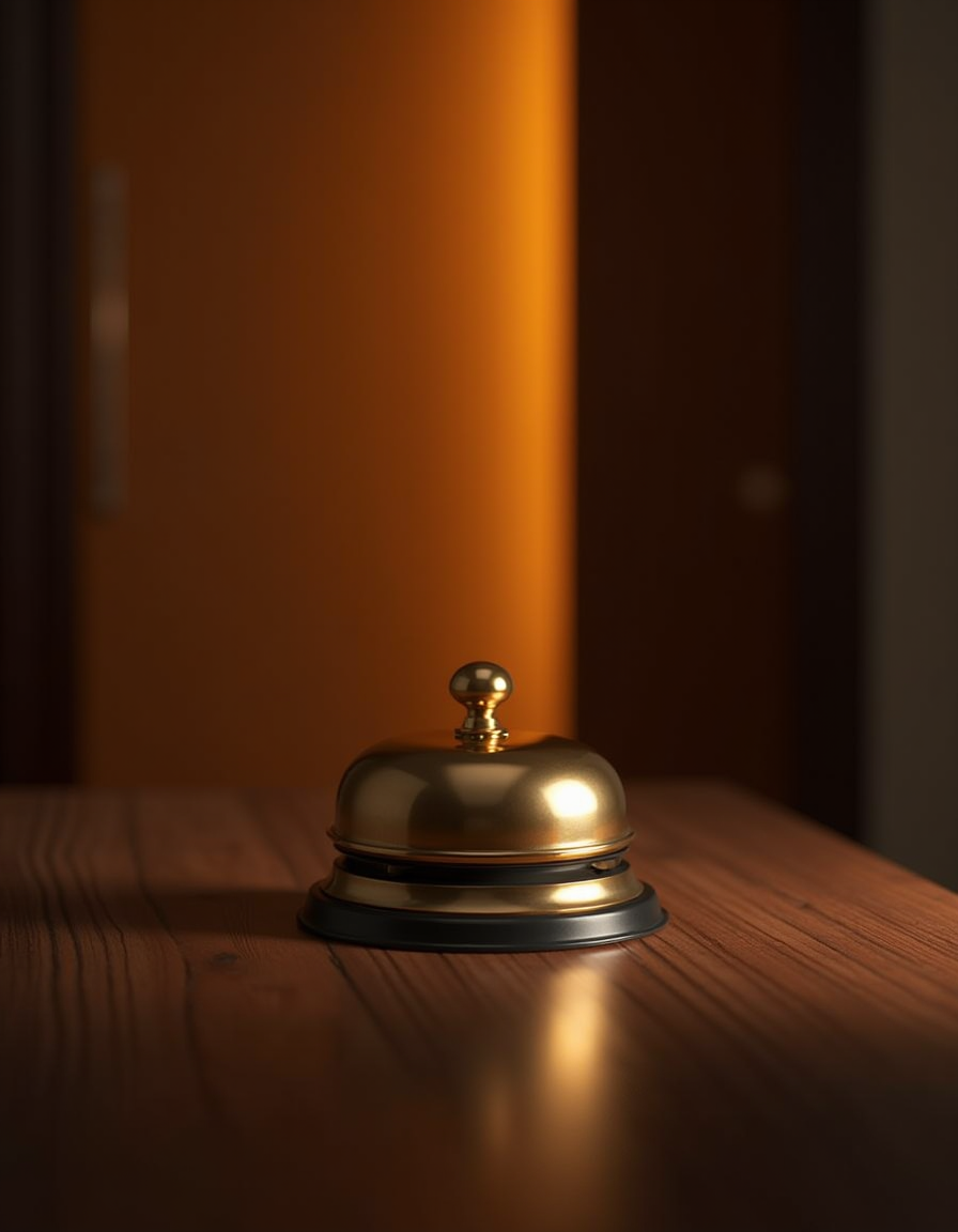 A polished brass concierge bell in a warm doorway — Foyer answers every call like a front-desk receptionist.